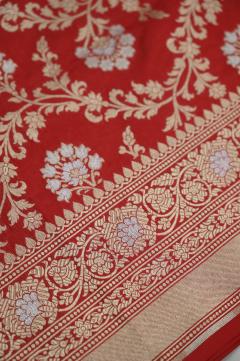 Red Katan Alfi Opada Banarasi Saree