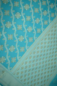 Supernet Ferozi Blue Weaved Banarasi Saree